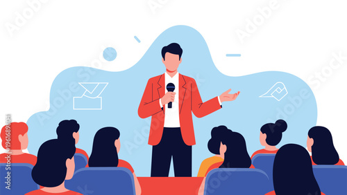Confident public speaker in a red jacket addresses an attentive audience from a stage during a professional business seminar.