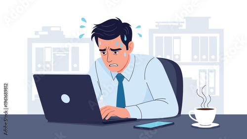 Stressed businessman sweats while working intensely on his laptop at a desk with a cup of hot coffee nearby.