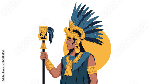 Powerful Aztec warrior wears a majestic feathered headdress and ornate gold ornaments while holding a decorative ceremonial staff.