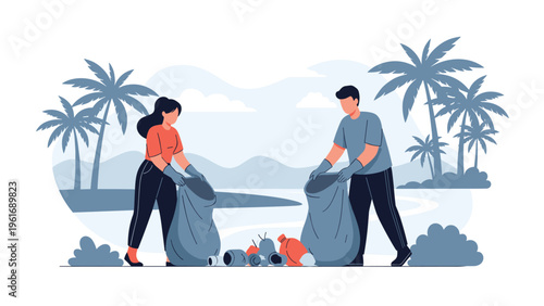 Dedicated volunteers work together to clean up a tropical beach by collecting plastic bottles and trash in large grey sacks.