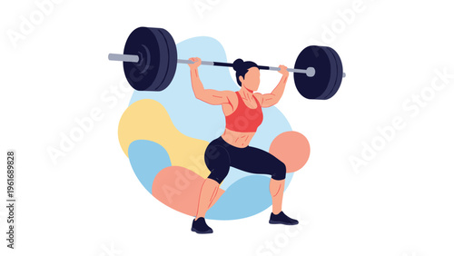 Strong female athlete in fitness gear performs a heavy barbell squat exercise against a modern and colorful abstract background.