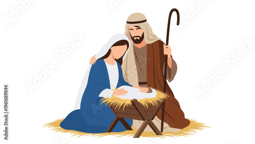 Holy family with Mary and Joseph watching over baby Jesus in a wooden manger on Christmas night in Bethlehem stable during the birth of Christ.