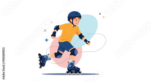 Young boy in yellow shirt and blue shorts happily rollerblading while wearing protective gear including a helmet and pads.