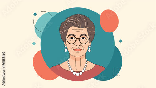 Portrait of an elegant elderly woman with grey hair wearing glasses and a beautiful pearl necklace on a colorful abstract background pattern.