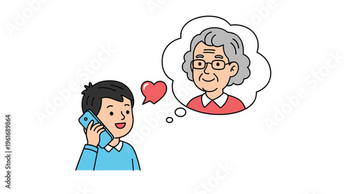 Little boy talking on a mobile phone while thinking of his beloved grandmother with love represented by a heart and a thought bubble above.