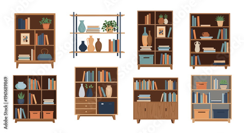Assorted collection of wooden bookshelves and cabinets filled with books, plants, and storage boxes for cozy interior decor.