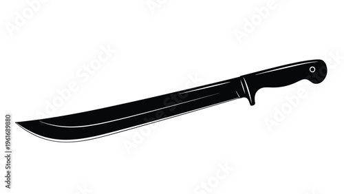Black and white silhouette of a sharp machete knife with a long curved blade and ergonomic handle used for cutting or clearing thick brush.