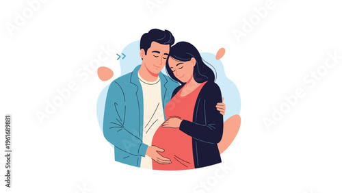 Loving young couple expecting their first baby with the man embracing the pregnant woman and holding her stomach with care and affection.