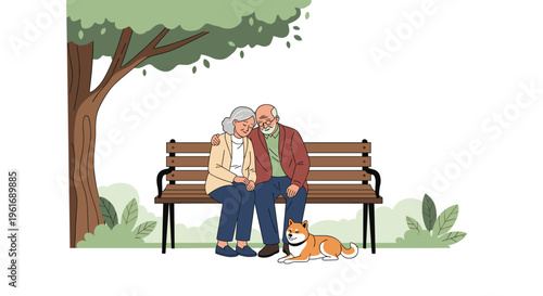Retired senior couple sitting affectionately on a wooden park bench under a large green tree with their shiba inu pet dog.