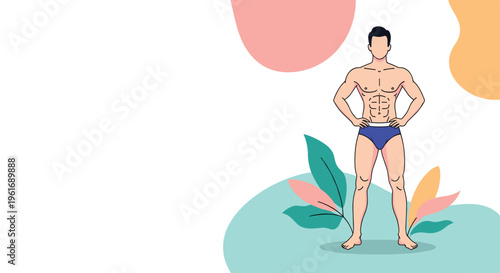Strong muscular man with an athletic physique standing confidently with hands on hips wearing blue underwear in nature.