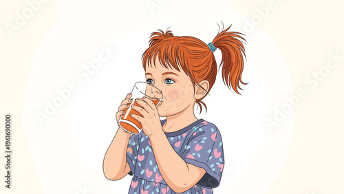 Sweet young girl with red hair in pigtails drinking a glass of fresh orange juice to start her day with a healthy and nutritious habit.
