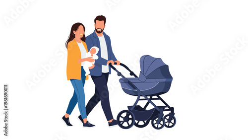 Happy young parents walking together and pushing their infant baby in a blue modern stroller during an outdoor family outing.