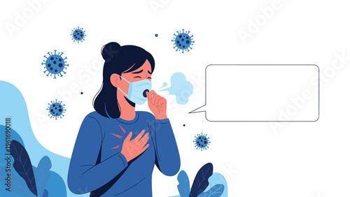 Sick woman wearing a protective face mask coughs while surrounded by virus symbols during a health epidemic.