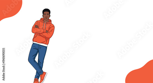 Young Black man in a vibrant orange hoodie and blue jeans leaning against a white wall with crossed arms in a casual pose.