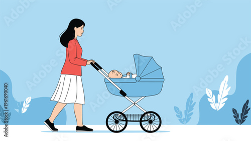 Young woman wearing a red sweater and white skirt pushing a baby stroller with a sleeping child on a bright blue background.