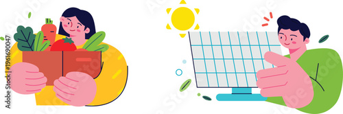 People happily shopping fresh groceries and using online services for daily tasks with smiles and bright surroundings