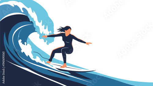 Brave female surfer wearing a black wetsuit skillfully riding a massive breaking ocean wave on a white surfboard in the sea.