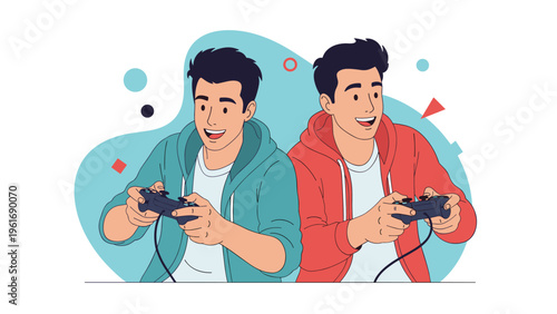 Two young men enjoy playing video games together with controllers while showing expressions of great excitement.