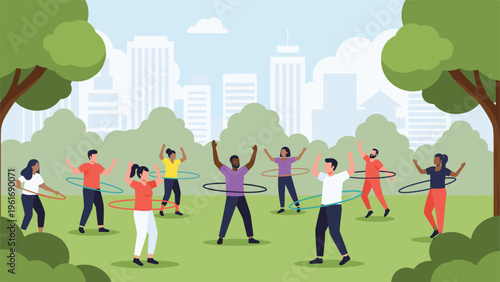 Group of diverse people of various ages and backgrounds exercising with hula hoops together in an urban park with city views.