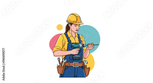Determined female construction worker in a yellow hard hat and blue overalls holding a power drill with a heavy tool belt.