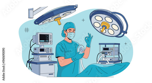 Male surgeon in green scrubs and a surgical mask making an okay sign in a modern operating room with professional equipment.