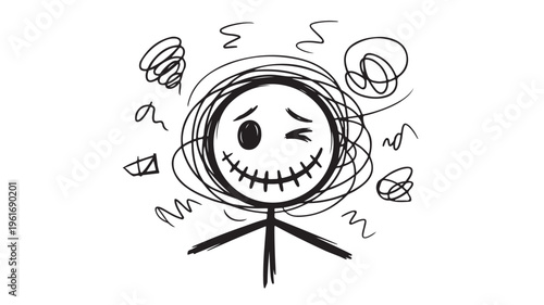 Stick figure with chaotic swirls around head for stress and confusion concepts