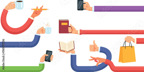 Colorful Hand Gesture Collection with Objects like Coffee Mug, Phone, Book, and Shopping Bag.