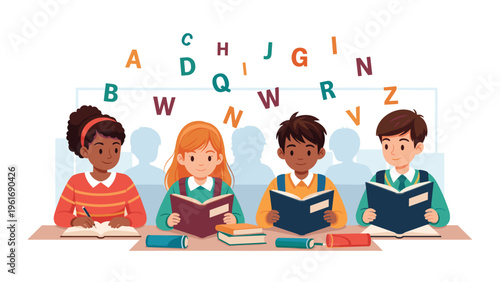 Diverse group of school children sit at their desks reading books with colorful letters floating above their heads.