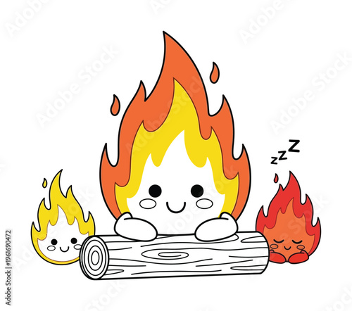 Vector of a smiling campfire with two smaller flames resting on a log