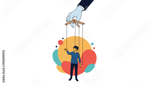 Large hand in a suit manipulates a small person like a puppet on strings to represent control and manipulation.