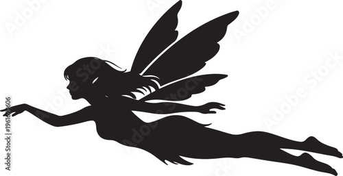 Beautiful Flying Fairy Silhouette with Wings on White Background