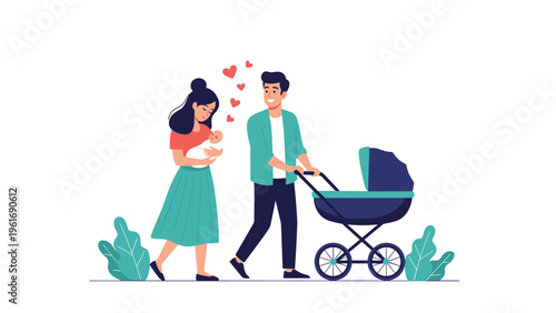 Happy parents walk together with their newborn baby in a stroller while hearts float above the mother and infant.