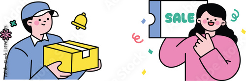 Delivery person holding box while woman celebrates online shopping sale with excitement and joyful gestures