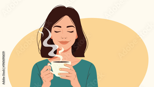 Smiling woman closes her eyes to enjoy the pleasant aroma of a hot cup of coffee during a peaceful morning.