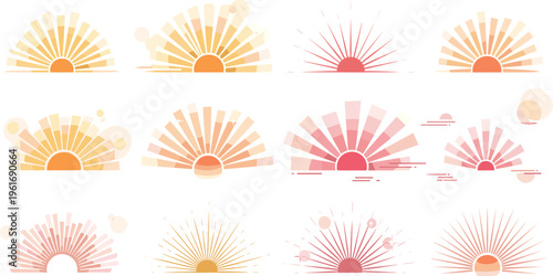 Sunrise and Sunset Icon Set with Soft Gradients and Radiating Light Effects in Warm Yellow, Orange, and Pink Colors.