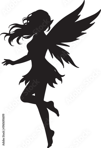 Beautiful Fairy Silhouette with Delicate Wings and Flowing Hair Isolated on White Background