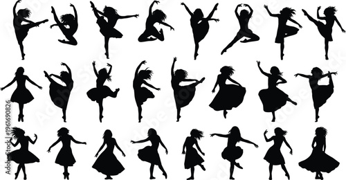 Female dancer silhouettes performing ballet and modern dance moves, jumping spinning poses, expressive choreography collection, black vector illustration set, design assets