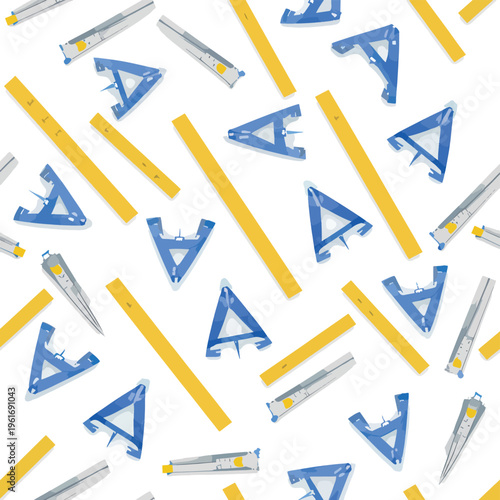 Scattered pattern of yellow rulers, blue triangles, and silver cutters. Suitable for school supplies, graphic design, arts and crafts projects.