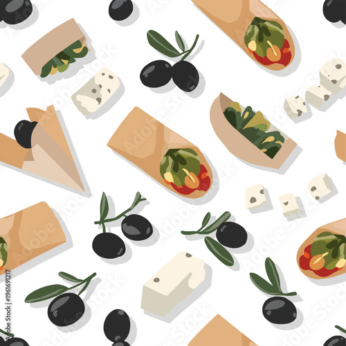 Seamless pattern with feta, olives, and wrap snacks, perfect for food packaging, menus, and culinary designs with a mediterranean theme.