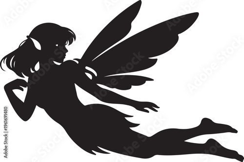 Flying Fairy Silhouette Isolated on White Background