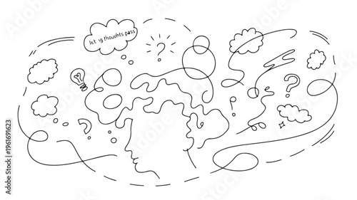 Line Drawing of Two Faces with Thought Bubbles and Question Marks for Mindfulness and Mental Health Concepts