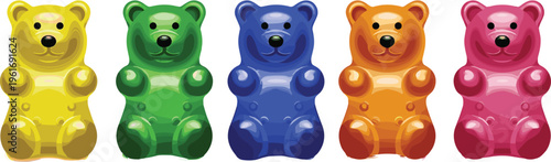 Colorful gummy bear candies set in different flavors, sweet jelly dessert vector illustration isolated for snack, confectionery, and kids treat design