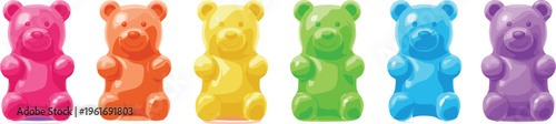 Colorful gummy bear candy collection in rainbow flavors, glossy jelly sweets vector illustration for confectionery, snack, and kids treat design