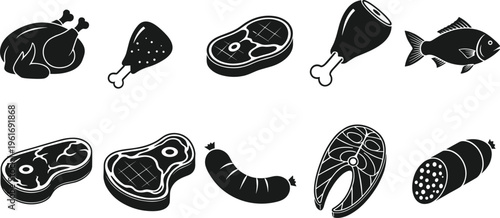 Black and white vector meat and seafood icon set featuring beef steak, roast chicken, fish, sausage, and salami for butcher shop or menu design.