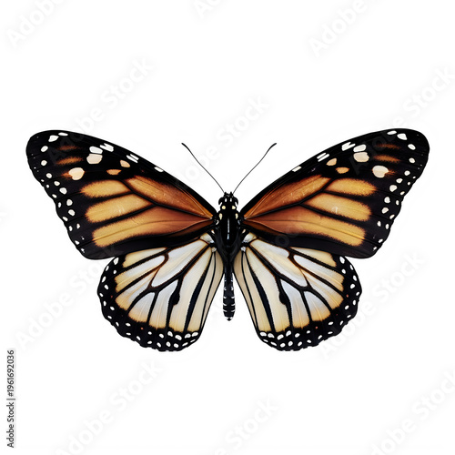 A monarch butterfly with orange and white wings isolated on white background
