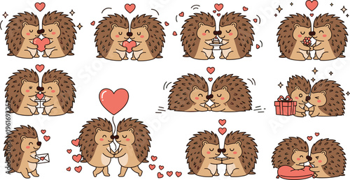 Hedgehog Couple with Love Heart and Gift Icon Set Featuring Hugs, Kisses, Sweet Gestures, and Romantic Affection.