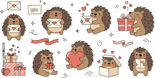 Valentine’s Day Hedgehog Icon Set with Heartfelt Gifts, Love Letters, Heart-Shaped Surprises, and Sweet Affectionate Gestures.