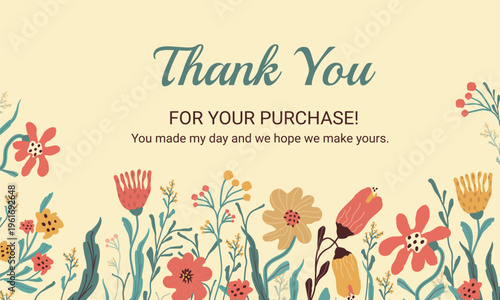 "Thank you" text with cute daisies and leaves. nature floral background design for greeting card, holiday card, invitation. dopamine art, vector