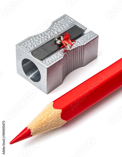 Close-up of a red pencil with sharpened tip and a metal pencil sharpener