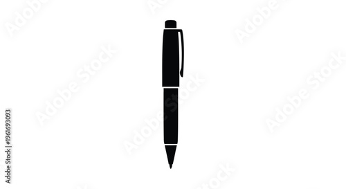 A simple black silhouette of a ballpoint pen on a white background